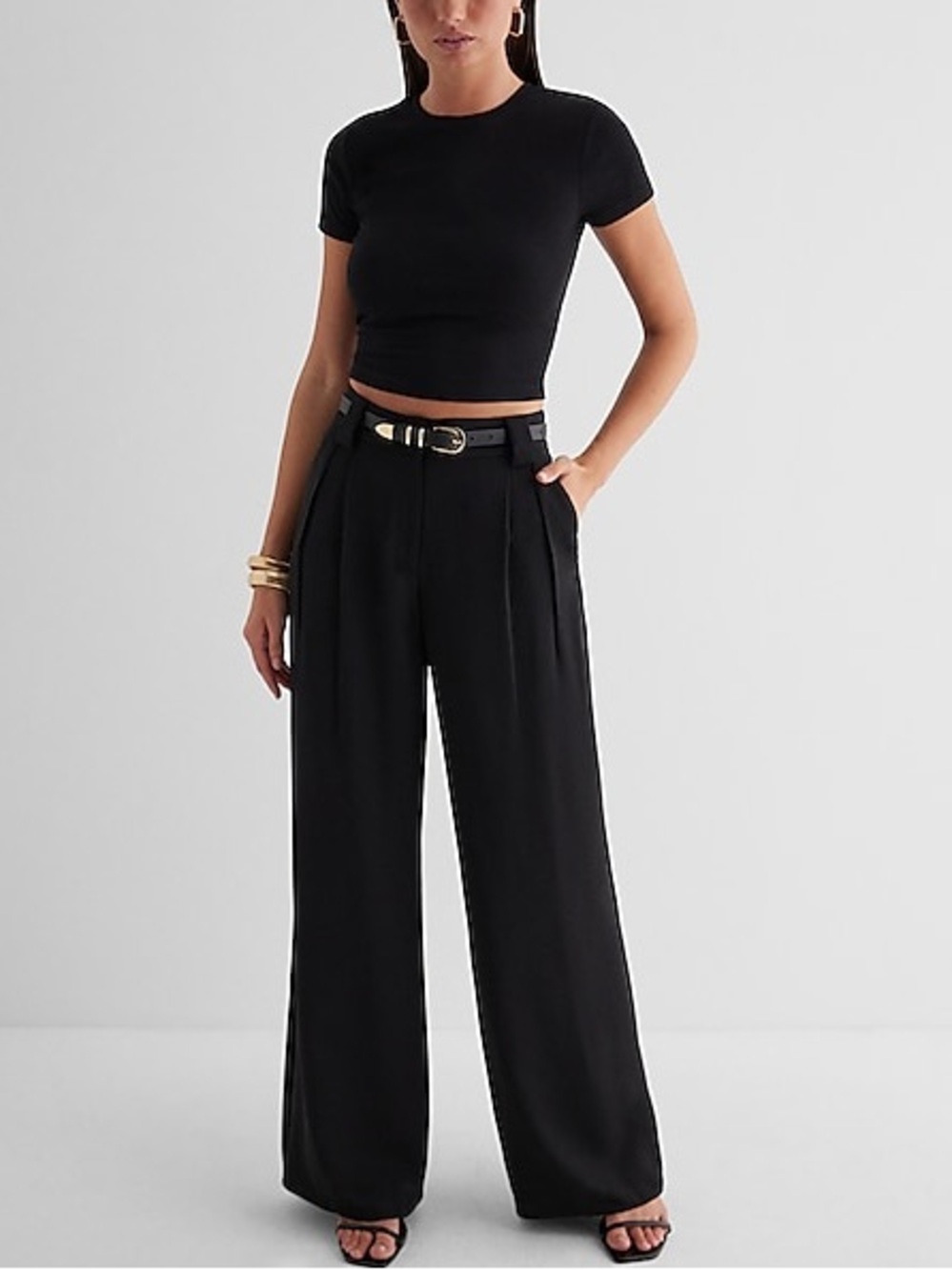 Express High Rise Wide Leg Trousers Black Medium Pleated Belt Loops Palazzo M